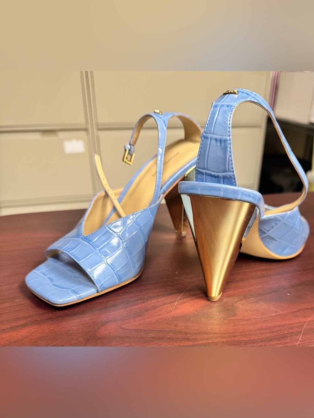 Michael Kors Sky Blue Croc-Embossed Slingback Heels with Gold Cone Heel